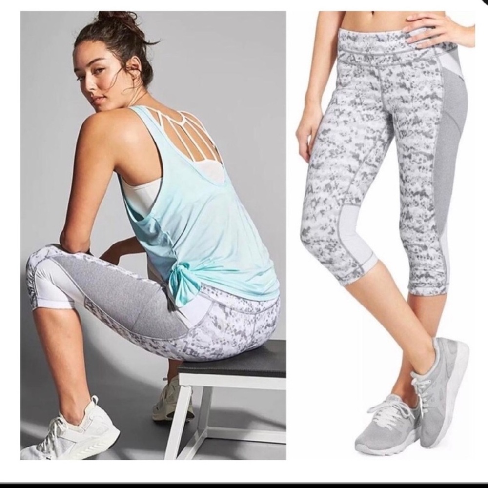 ATHLETA Womens Small Gray White Dapple Pockets Low Rise Be Free Knicker Leggings